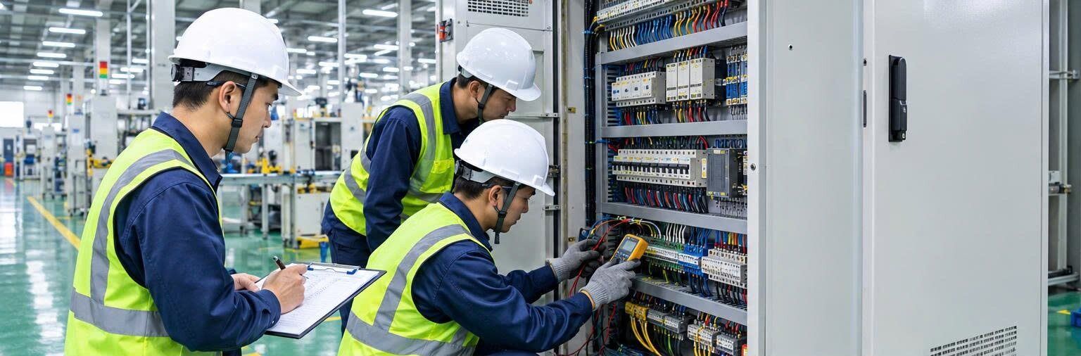 Kỹ thuật viên đội mũ bảo hộ đo kiểm tủ điện bằng đồng hồ vạn năng, người bên cạnh ghi biên bản trong khu vực sản xuất