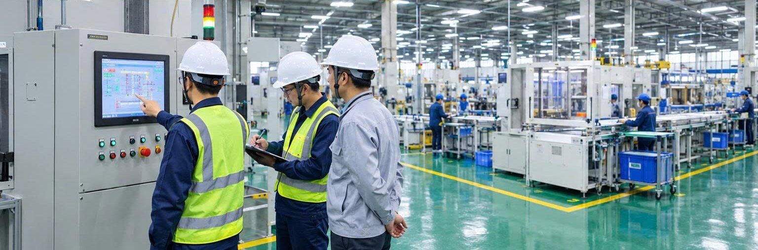 Kỹ thuật viên kiểm tra màn hình điều khiển tủ máy cạnh dây chuyền sản xuất, cán bộ nhà máy đứng cùng xác nhận
