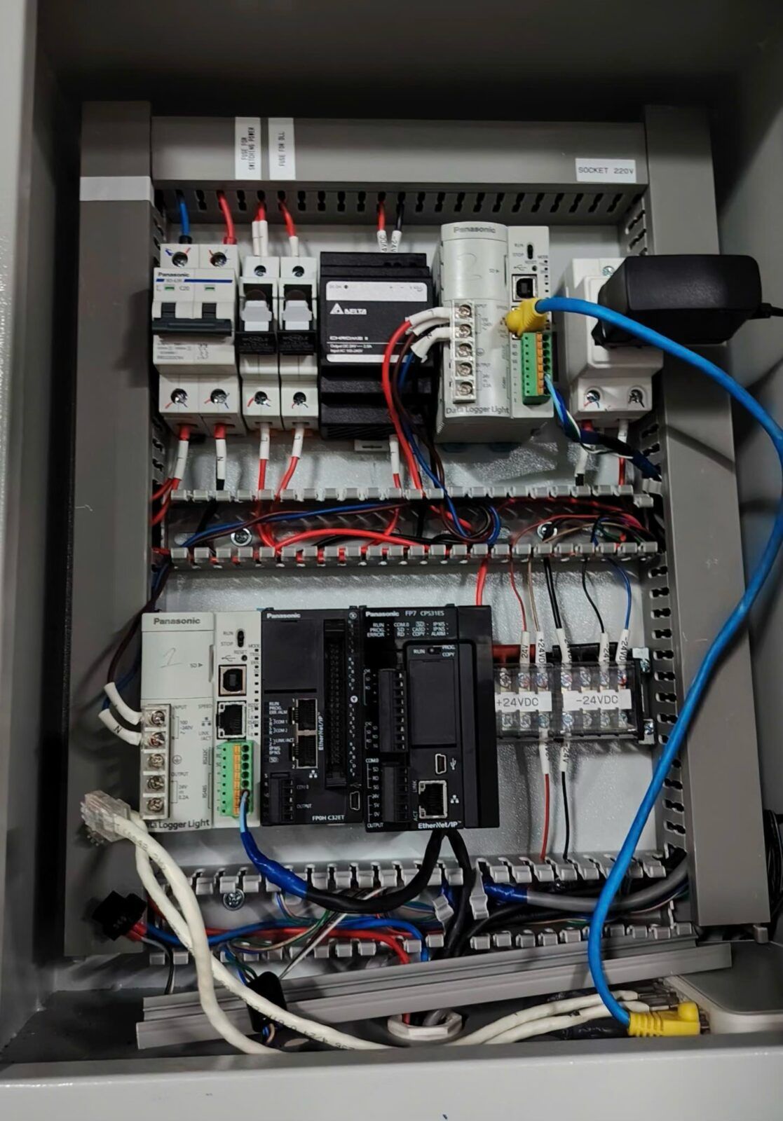 Tủ thu thập dữ liệu đã đấu nối: PLC, bộ ghi dữ liệu, bộ nguồn 24VDC và cáp mạng