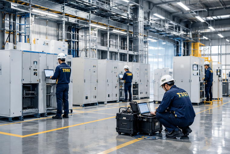 Nhiều kỹ sư mặc đồng phục TSSI cùng kiểm tra các tủ điện trong nhà xưởng, một người ngồi đo bằng máy tính xách tay