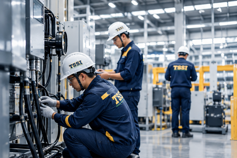 Kỹ sư TSSI ngồi đấu nối cáp tại hiện trường, phía sau là đồng nghiệp đang ghi chép và kiểm tra thiết bị
