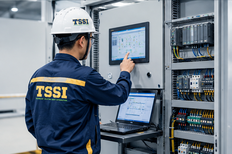 Kỹ sư TSSI thao tác trên màn hình HMI gắn trên tủ điều khiển có PLC, bên cạnh là máy tính xách tay