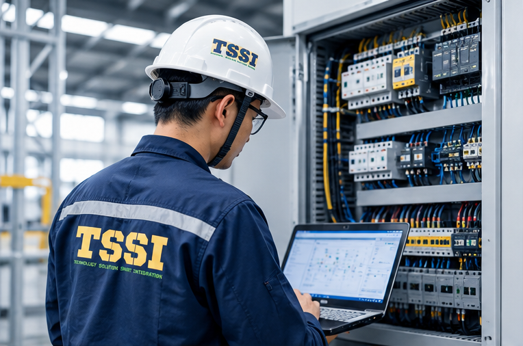 Kỹ sư TSSI cấu hình tủ điện bằng máy tính xách tay đang hiển thị sơ đồ hệ thống